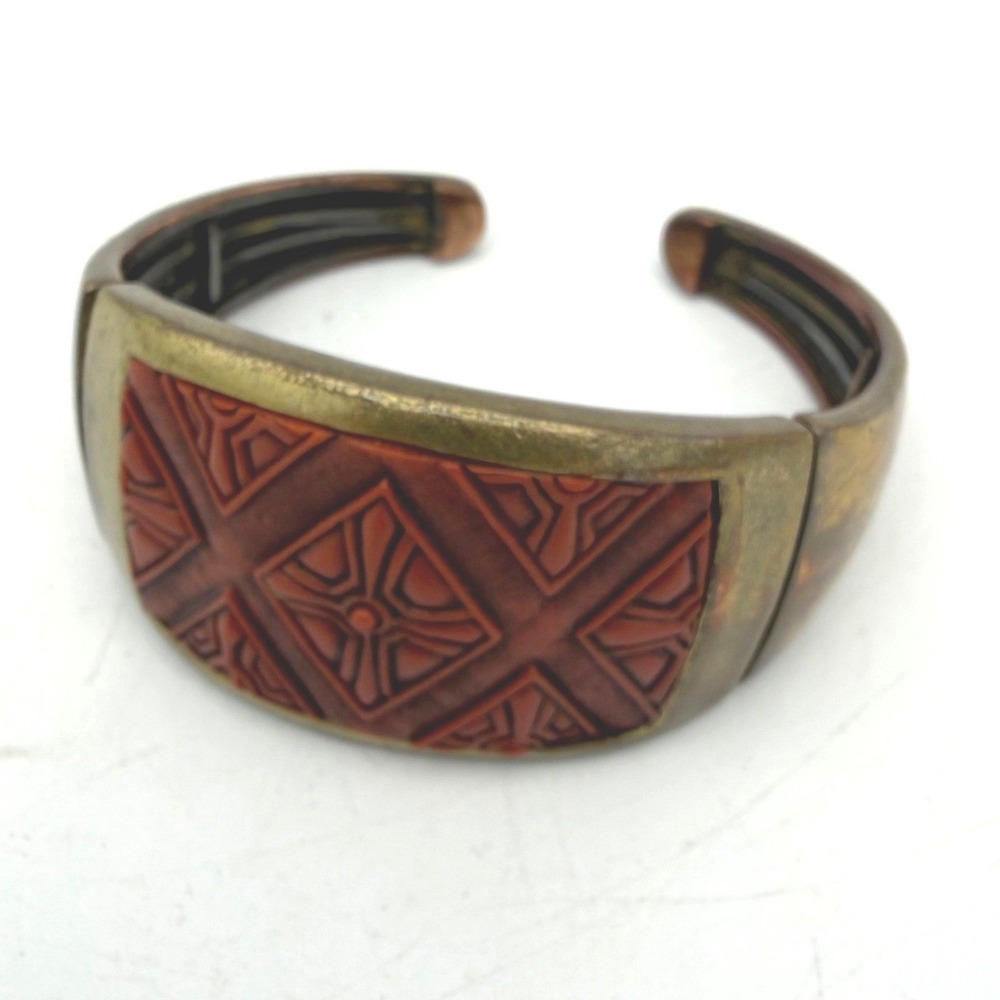 Vintage Hinged Cuff Bracelet Brass Tone Southwestern Carved Boho Tribal Earthy